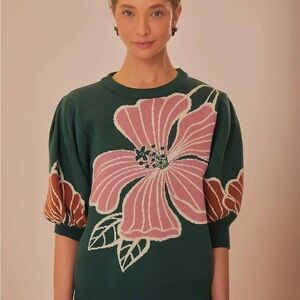 FARM Rio Green Cardigan with Pink Floral Design